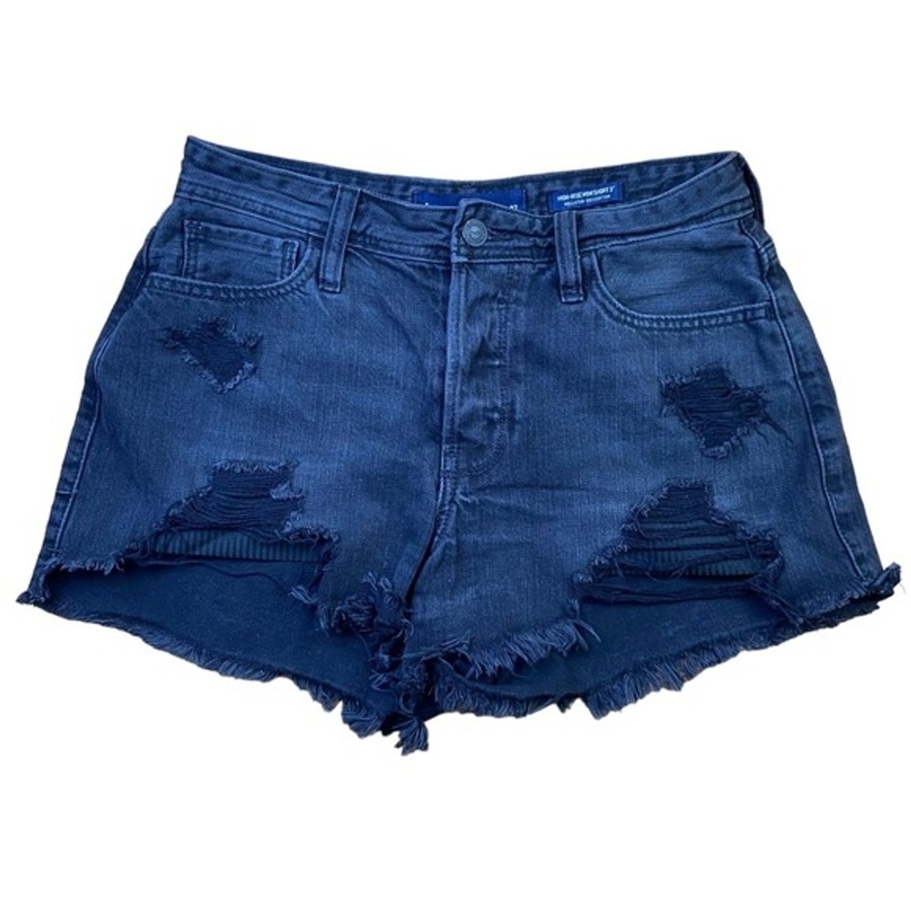 Hollister High Rise Mom Shorts Dark Wash Distressed Denim Button Fly Size 5 W27‎